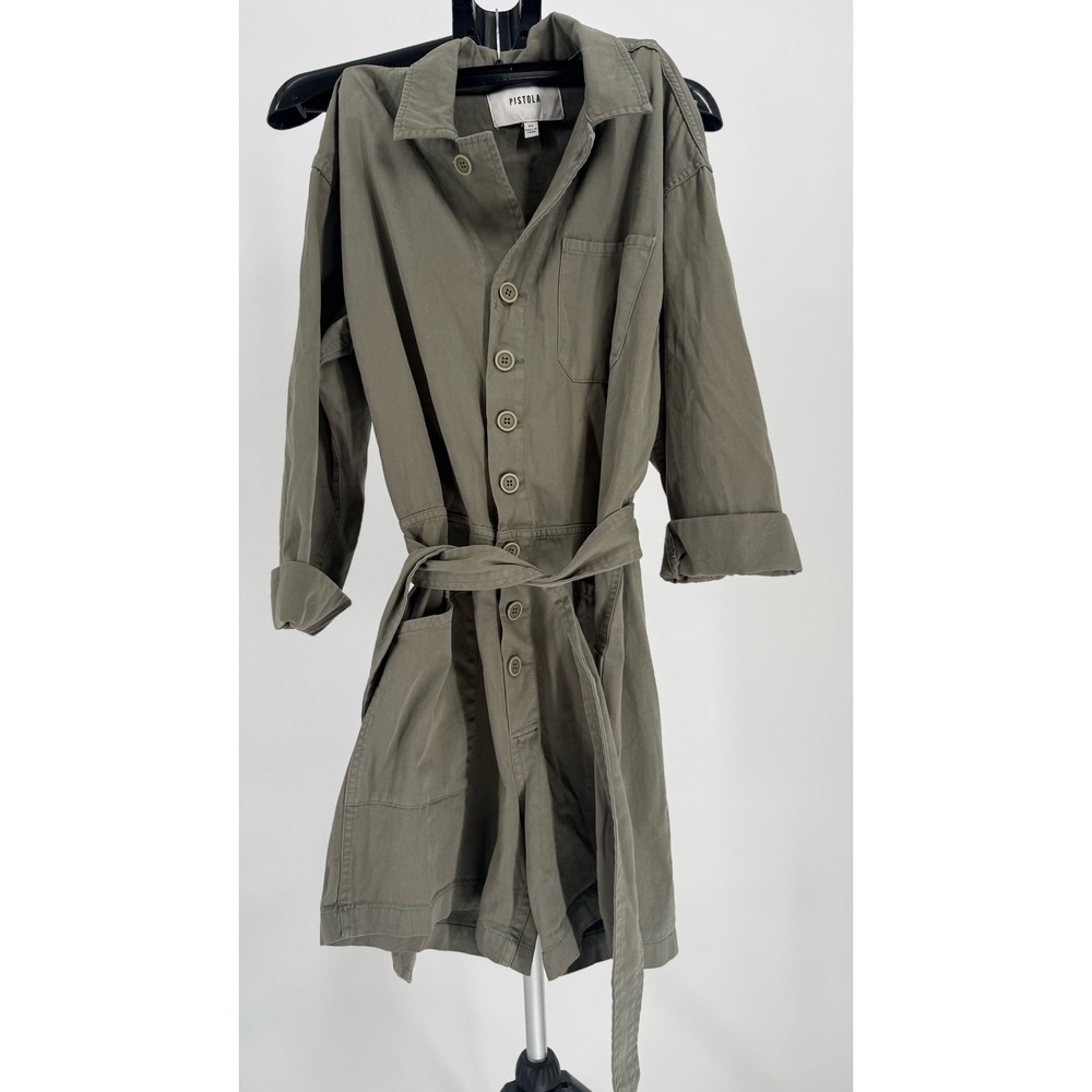 Pistola Utility Romper XS Olive Green‎ Belted Button Front Long Sleeve Cargo